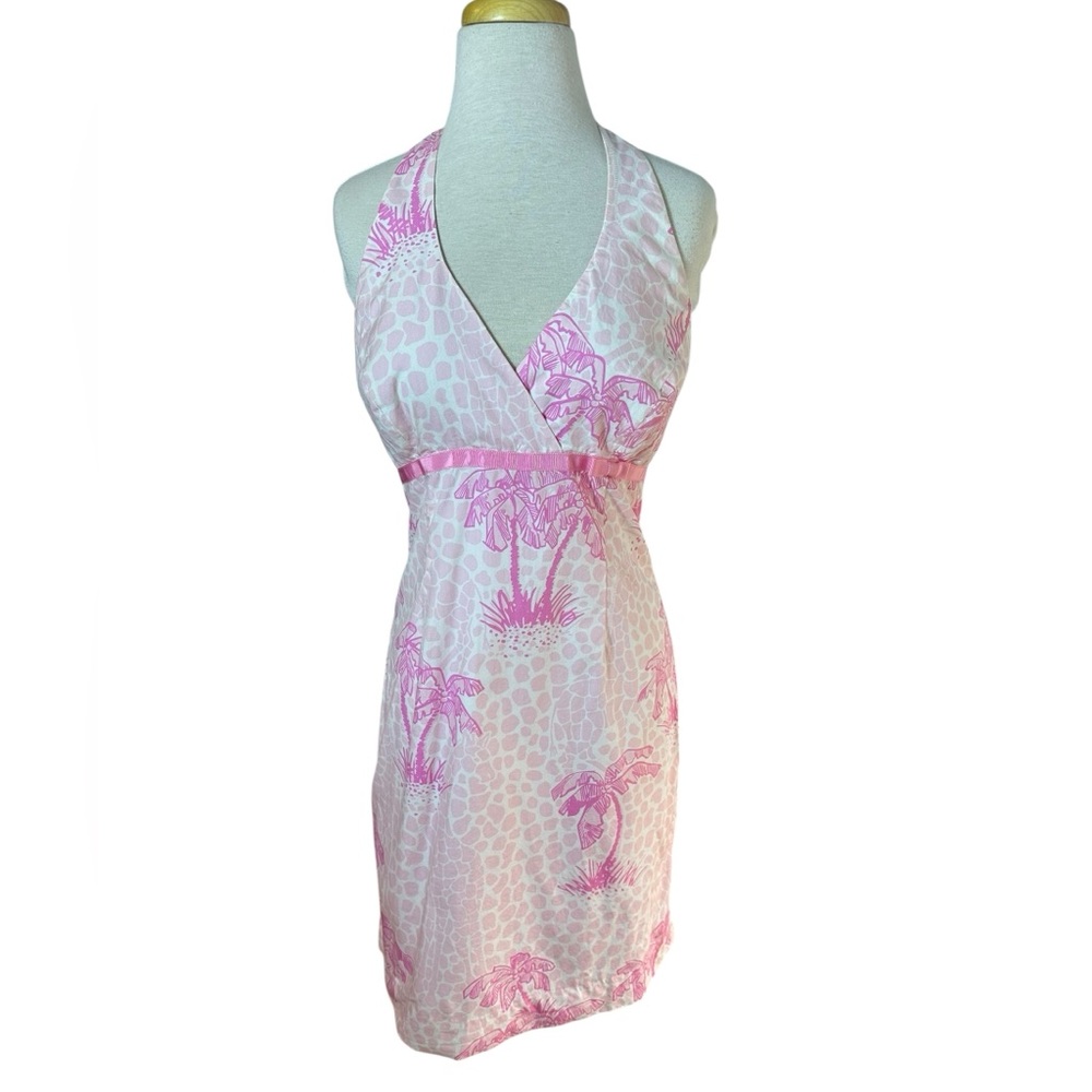 Lilly Pulitzer Vintage Y2K Pink Palm Tree Print With Bow Halter Mini Dress - Picture 2 of 10